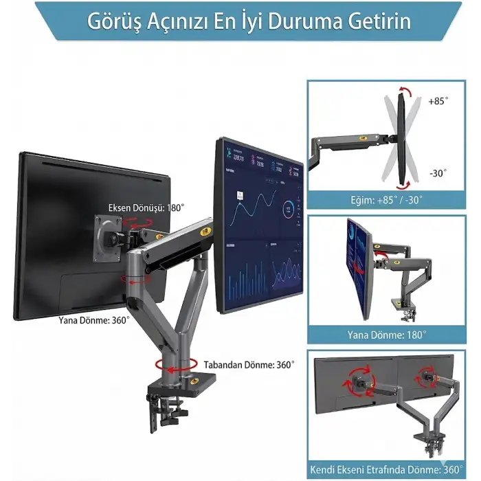HPY Pazar North Bayou G35 22–32 2–12 kg Ekranlar İçin Masaüstü Çift Kollu Amörtisörlü Monitör Tutucu