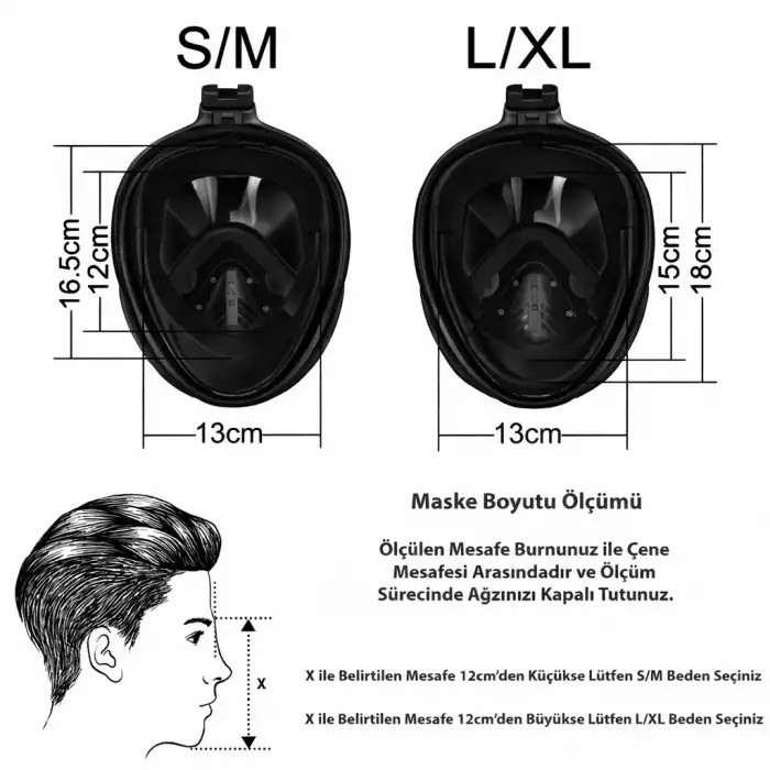 Omniax Tam Yüz Dalış Maskesi Slikon Şnorkel Full Face - Siyah - L/XL
