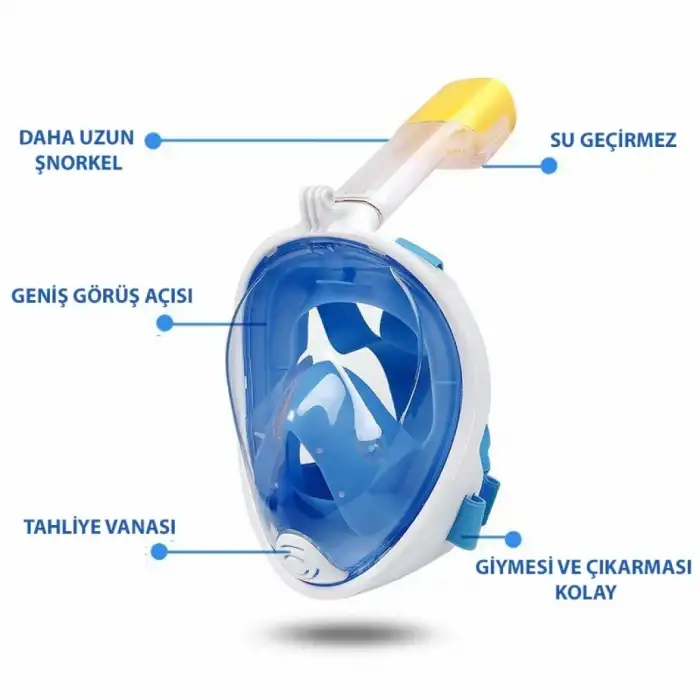 Omniax Tam Yüz Dalış Maskesi Slikon Şnorkel Full Face - Mavi - S/M