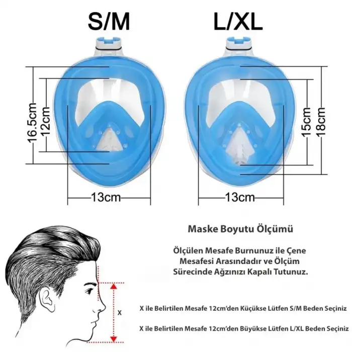 Omniax Tam Yüz Dalış Maskesi Slikon Şnorkel Full Face - Mavi - S/M