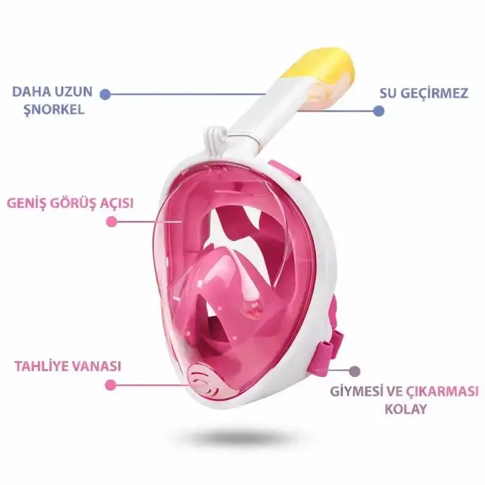 Omniax Tam Yüz Dalış Maskesi Slikon Şnorkel Full Face - Pembe - S/M