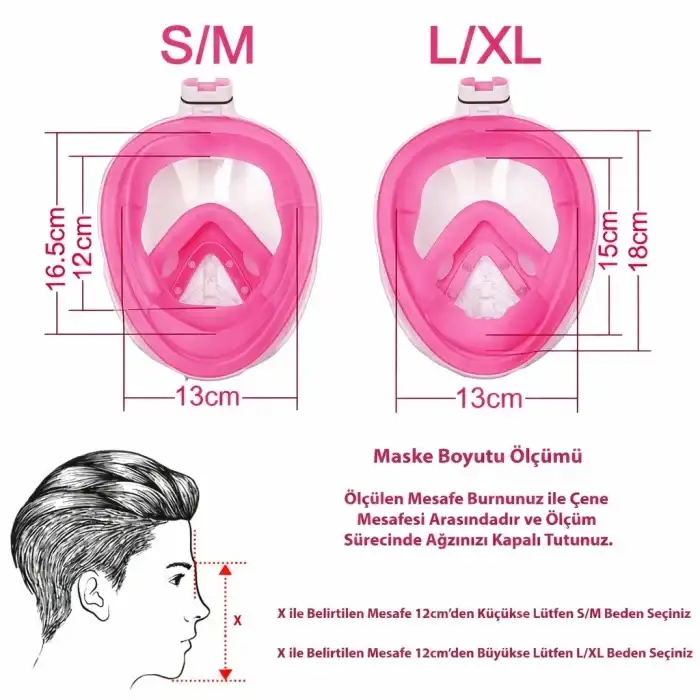 Omniax Tam Yüz Dalış Maskesi Slikon Şnorkel Full Face - Pembe - S/M