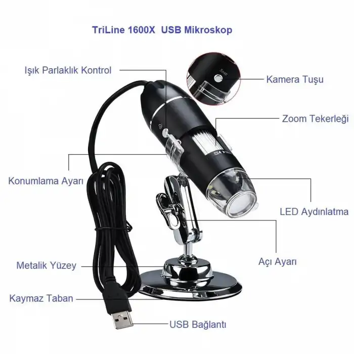 HPY Pazar 1600X USB Dijital Mikroskop – Micro USB + Type-C Adaptörlü