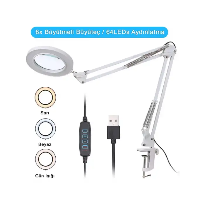 HPY Pazar 33 cm Çift Kollu USB Kontrollü Aydınlatmalı Büyüteç – 64 LED, 8X