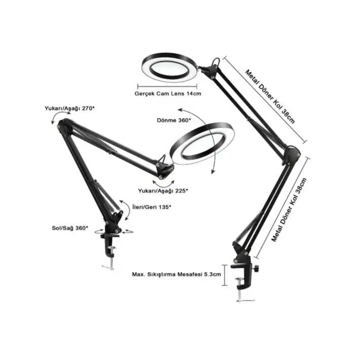 HPY Pazar 33 cm Çift Kollu USB Kontrollü Aydınlatmalı Büyüteç – 64 LED, 8X