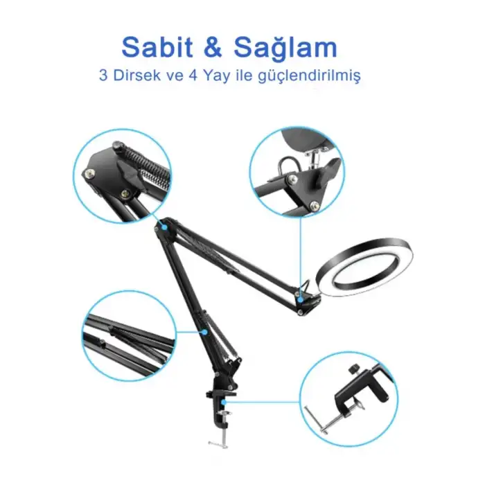 HPY Pazar 33 cm Çift Kollu USB Kontrollü Aydınlatmalı Büyüteç – 64 LED, 8X