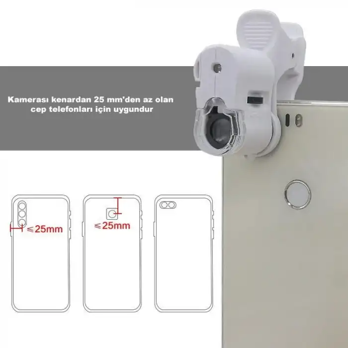 HPY Pazar 60X LED Işıklı Telefon Dijital Mikroskobu – Evrensel Klipsli Lens