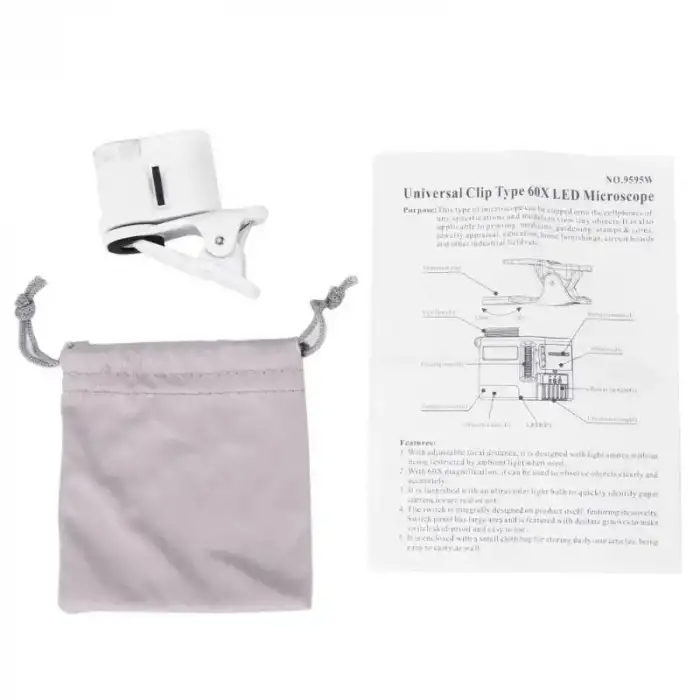 HPY Pazar 60X LED Işıklı Telefon Dijital Mikroskobu – Evrensel Klipsli Lens