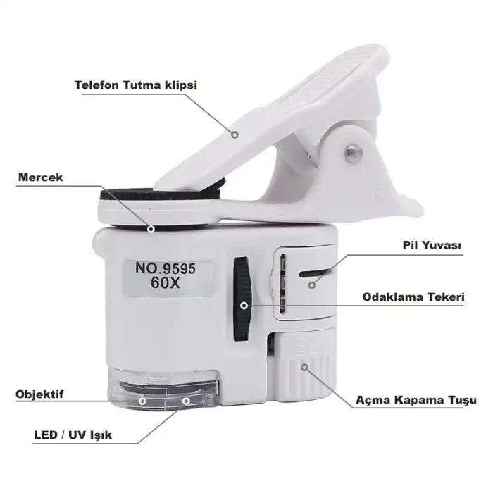 HPY Pazar 60X LED Işıklı Telefon Dijital Mikroskobu – Evrensel Klipsli Lens