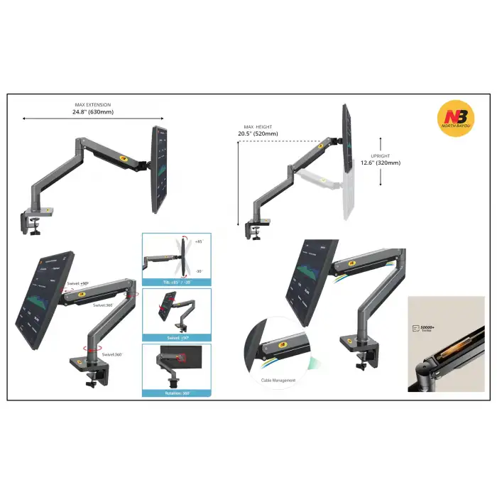 HPY Pazar North Bayou G45 27–40 2–12 kg Ekranlar İçin Masaüstü Amörtisörlü Monitör Tutucu