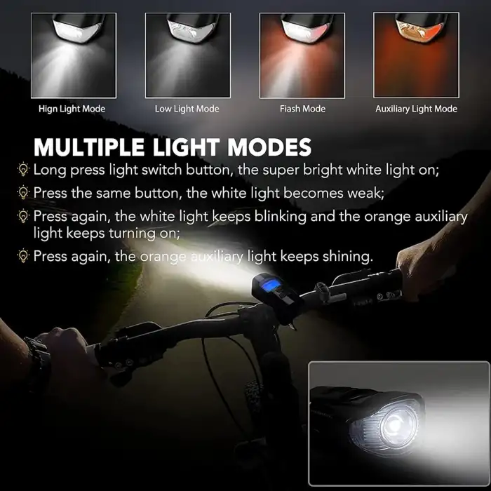 HPY Pazar USB Şarjlı Su Geçirmez Bisiklet Lambası – Kornalı ve LCD Ekranlı