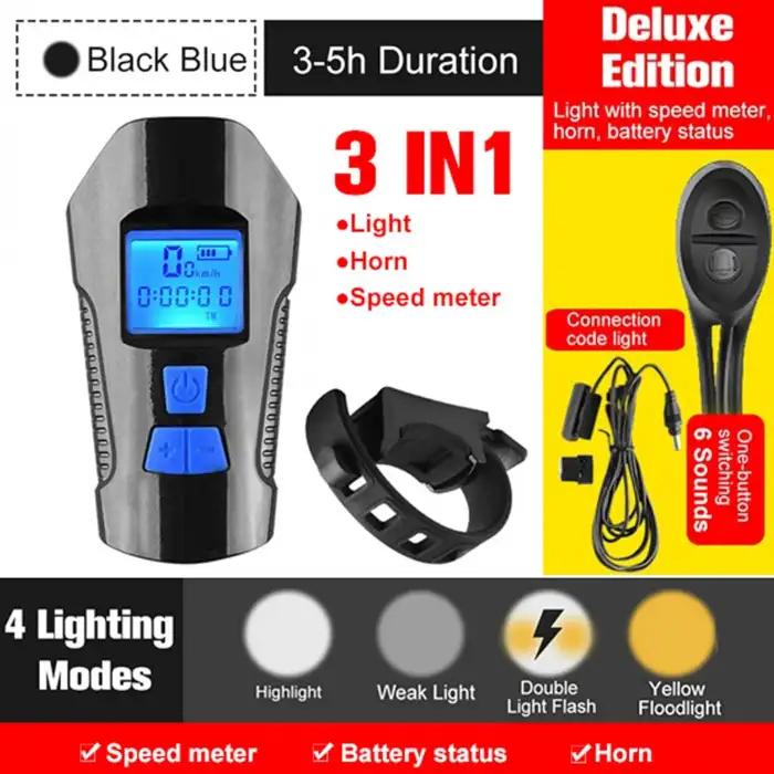 HPY Pazar USB Şarjlı Su Geçirmez Bisiklet Lambası – Kornalı ve LCD Ekranlı