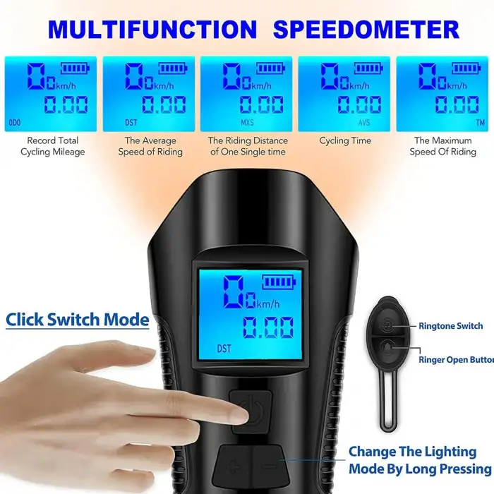 HPY Pazar USB Şarjlı Su Geçirmez Bisiklet Lambası – Kornalı ve LCD Ekranlı