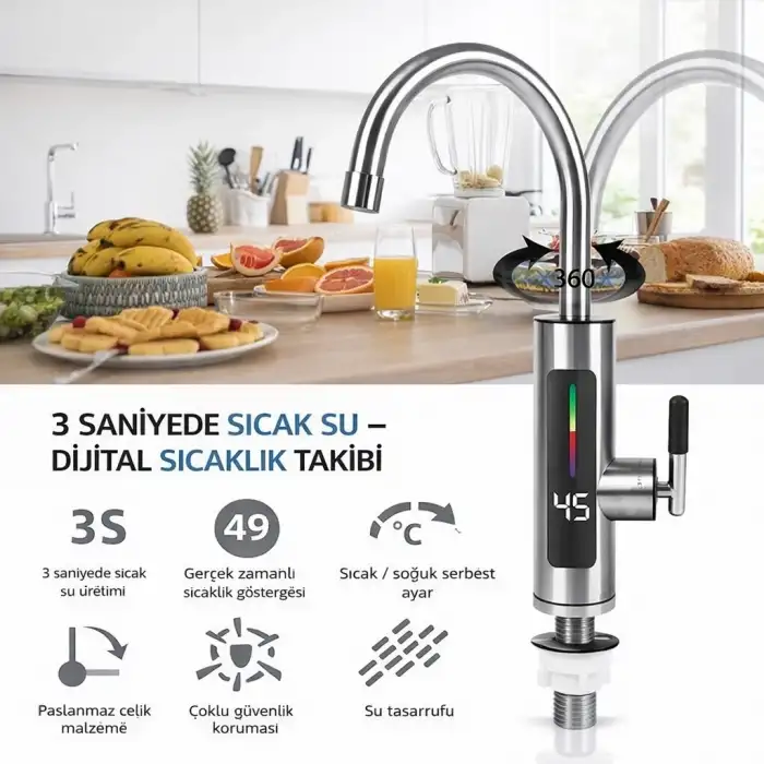 Omniax 3000W Elektrikli Anında Su Isıtmalı Musluk Dijital Sıcaklık Göstergeli 360 Derece Döner