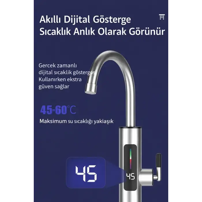 Omniax 3000W Elektrikli Anında Su Isıtmalı Musluk Dijital Sıcaklık Göstergeli 360 Derece Döner