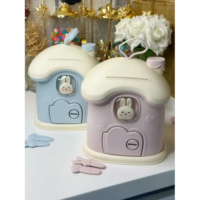 Omniax Anahtarlı Sevimli Tavşan Figürlü Pembe Kumbara - Çocuk Odası Dekoru