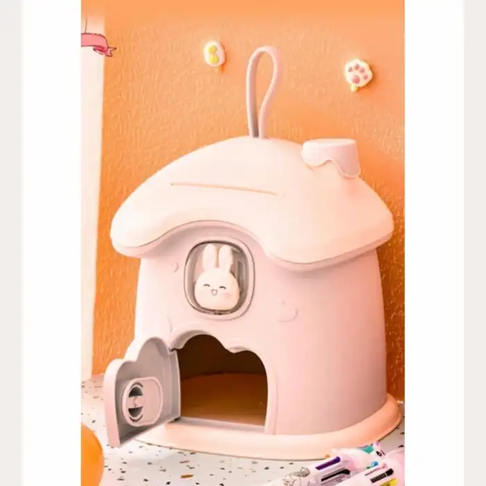 Omniax Anahtarlı Sevimli Tavşan Figürlü Pembe Kumbara - Çocuk Odası Dekoru