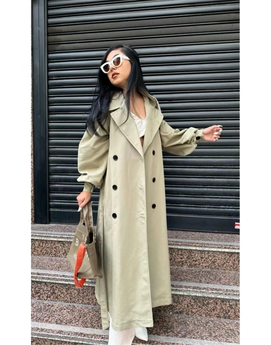 Mevsimlik Trençkot Çift Düğmeli Kemerli Cepli Torino Astarsız