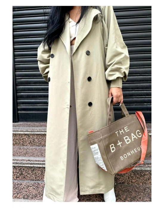 Mevsimlik Trençkot Çift Düğmeli Kemerli Cepli Torino Astarsız