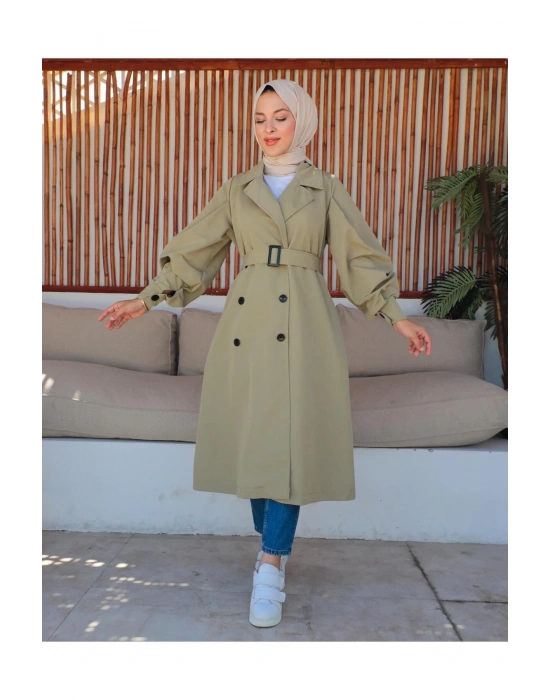 Mevsimlik Trençkot Çift Düğmeli Kemerli Cepli Torino Astarsız