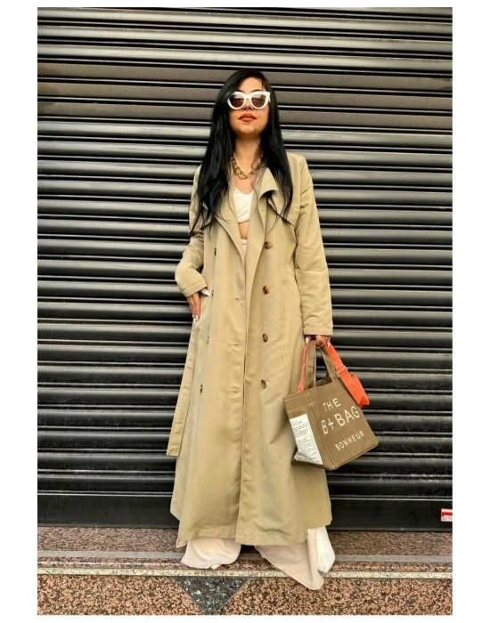 Mevsimlik Trençkot Çift Düğmeli Kemerli Cepli Torino Astarsız