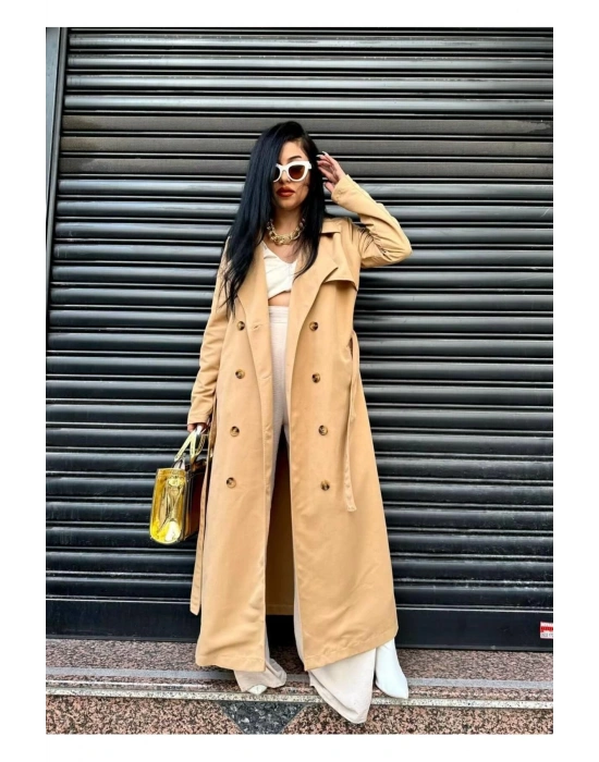 Mevsimlik Trençkot Çift Düğmeli Kemerli Cepli Torino Astarsız