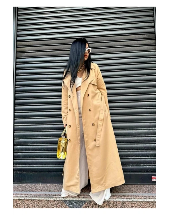 Mevsimlik Trençkot Çift Düğmeli Kemerli Cepli Torino Astarsız