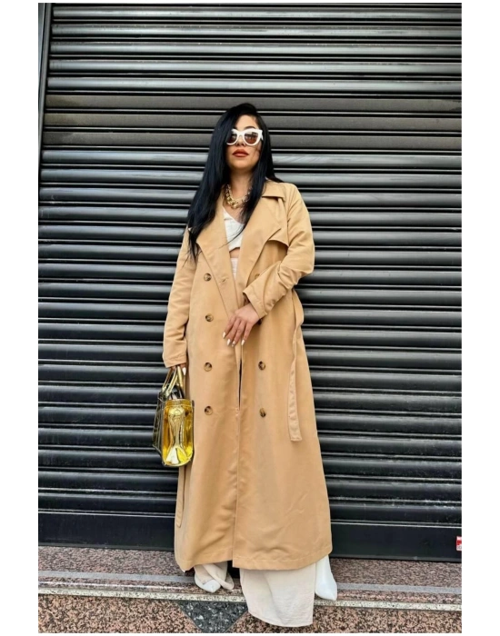 Mevsimlik Trençkot Çift Düğmeli Kemerli Cepli Torino Astarsız