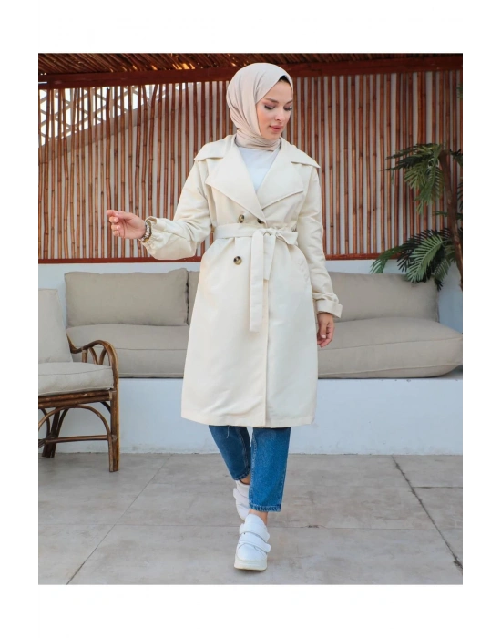 Mevsimlik Trençkot Çift Düğmeli Kemerli Cepli Torino Astarsız