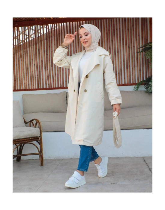 Mevsimlik Trençkot Çift Düğmeli Kemerli Cepli Torino Astarsız