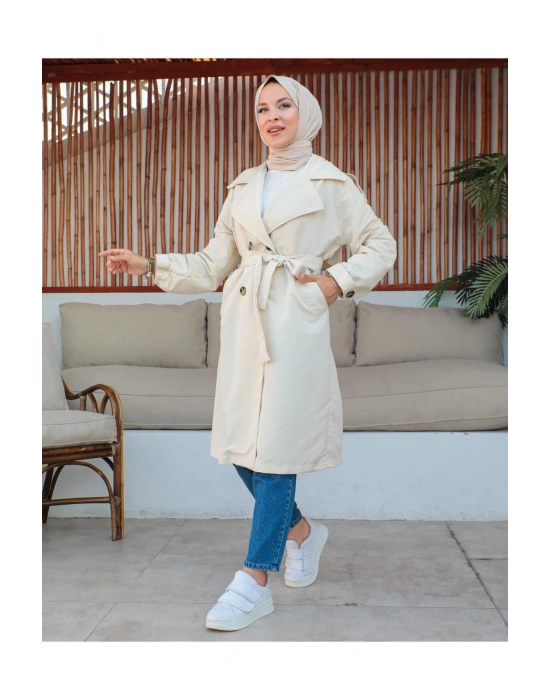 Mevsimlik Trençkot Çift Düğmeli Kemerli Cepli Torino Astarsız