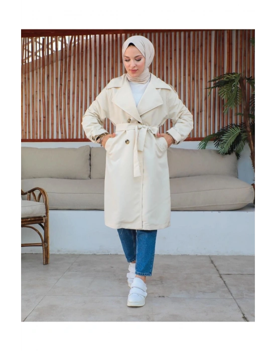 Mevsimlik Trençkot Çift Düğmeli Kemerli Cepli Torino Astarsız