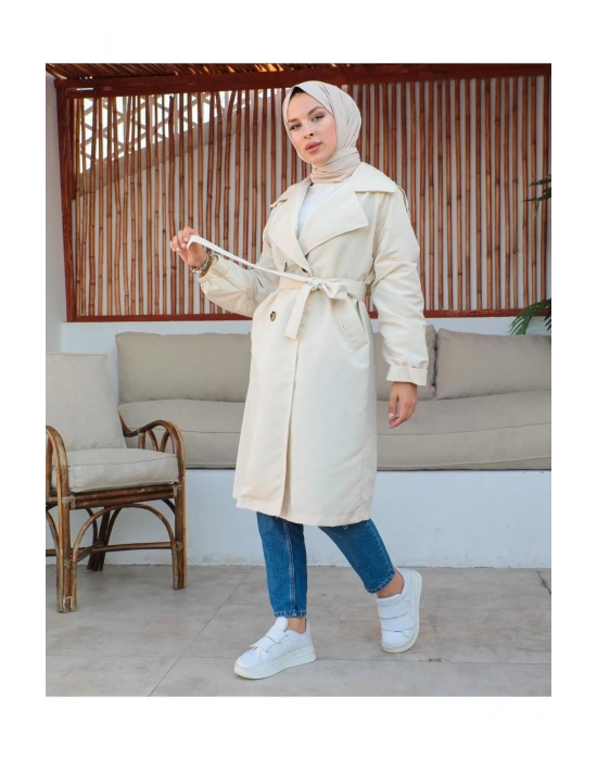 Mevsimlik Trençkot Çift Düğmeli Kemerli Cepli Torino Astarsız