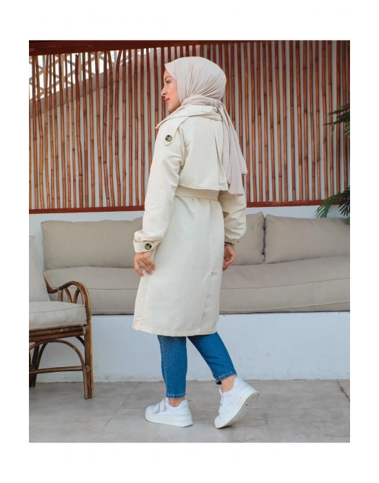 Mevsimlik Trençkot Çift Düğmeli Kemerli Cepli Torino Astarsız