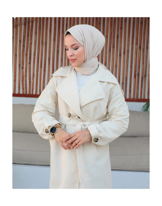 Mevsimlik Trençkot Çift Düğmeli Kemerli Cepli Torino Astarsız