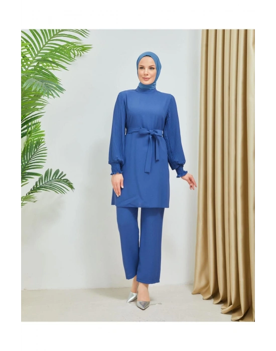 Kolları Piliseli Pantolonlu İkili Takım Krep Kumaş 7994