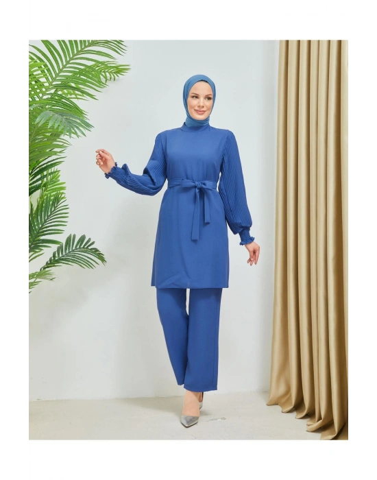 Kolları Piliseli Pantolonlu İkili Takım Krep Kumaş 7994