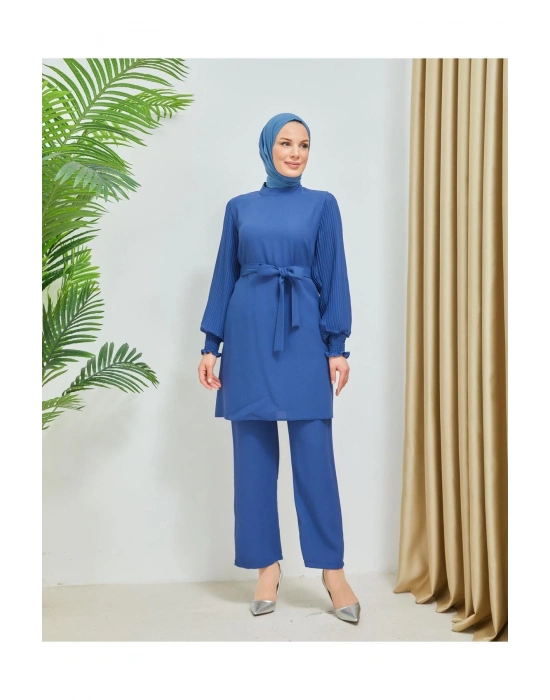 Kolları Piliseli Pantolonlu İkili Takım Krep Kumaş 7994