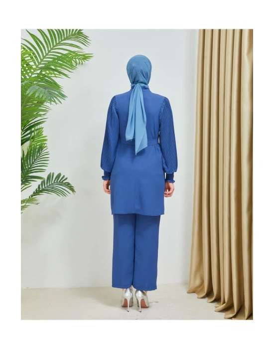 Kolları Piliseli Pantolonlu İkili Takım Krep Kumaş 7994