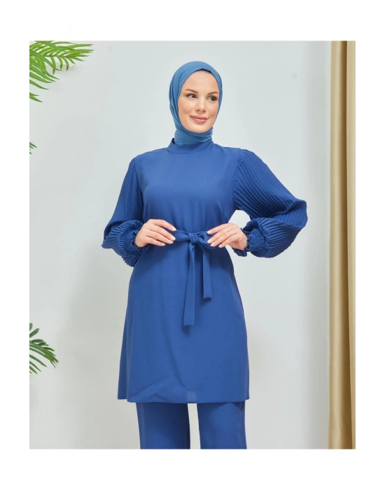 Kolları Piliseli Pantolonlu İkili Takım Krep Kumaş 7994