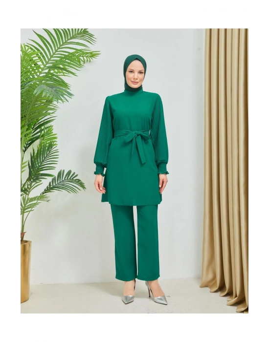 Kolları Piliseli Pantolonlu İkili Takım Krep Kumaş 7994