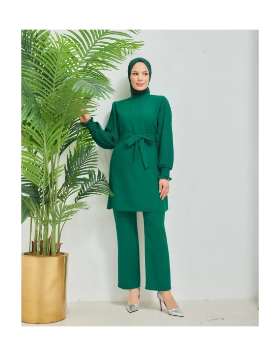 Kolları Piliseli Pantolonlu İkili Takım Krep Kumaş 7994