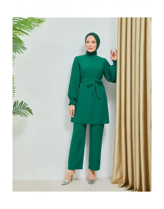 Kolları Piliseli Pantolonlu İkili Takım Krep Kumaş 7994