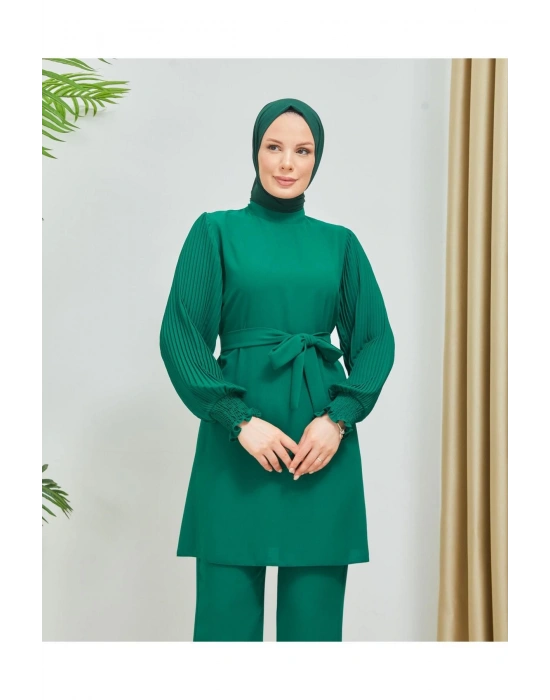 Kolları Piliseli Pantolonlu İkili Takım Krep Kumaş 7994