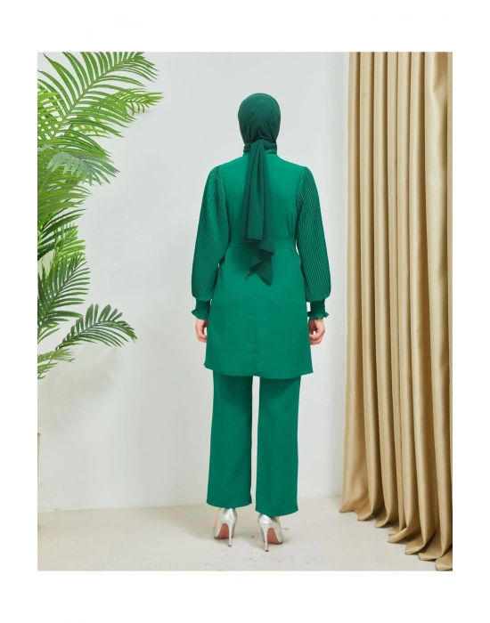 Kolları Piliseli Pantolonlu İkili Takım Krep Kumaş 7994