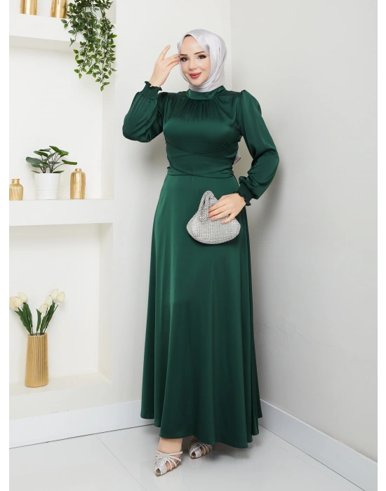 Çapraz Bağlama Detaylı Saten Elbise