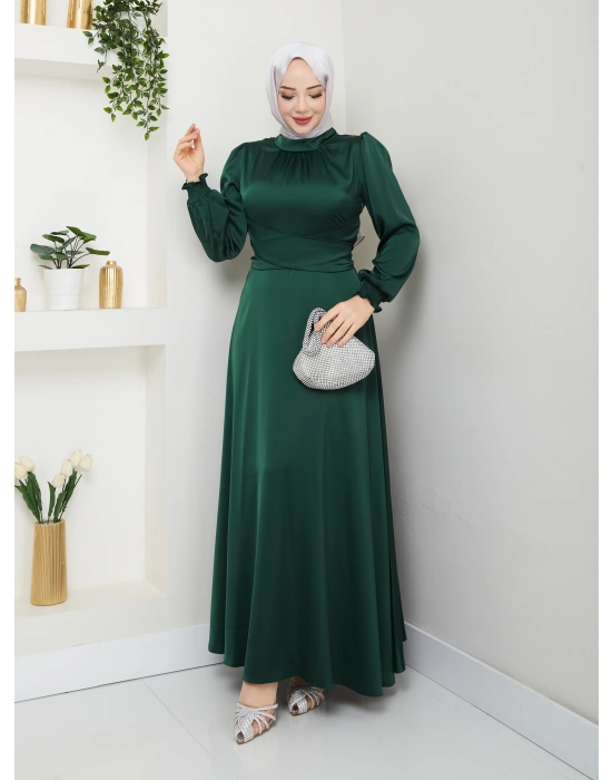 Çapraz Bağlama Detaylı Saten Elbise