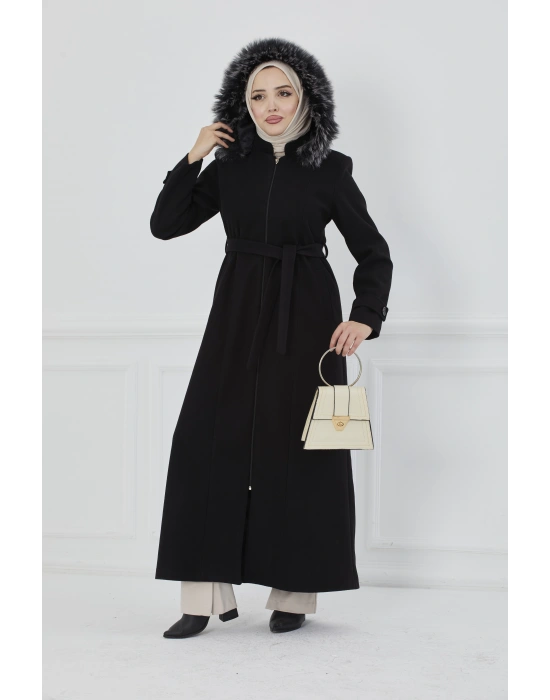 Kapüşonu Kürklü Maxi Boy Kaşe Kaban