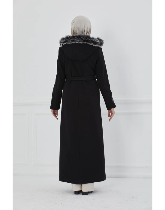 Kapüşonu Kürklü Maxi Boy Kaşe Kaban