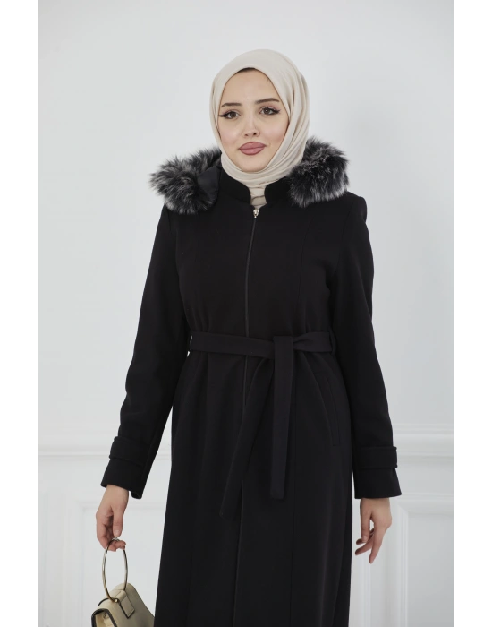 Kapüşonu Kürklü Maxi Boy Kaşe Kaban
